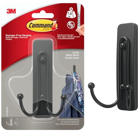 Command Large Matte Black Double Hook, Indoor use - 1 Metal Large Hook and 1 Adhesive Strip - Hang Jackets, Purses, Handbags, Hats, Scarves, Dog leads - Damage Free Hanging