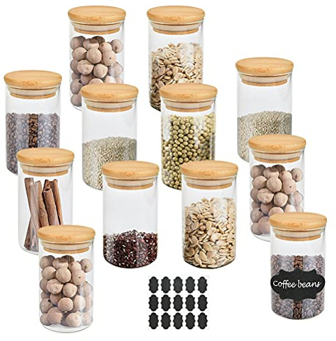 FOCCTS Vorratsdosen 12 Stück Gläser mit Bambusdeckel, Gewürzgläser150ml Küchengläser Silikonring für Luftdichte Abdichtung Perfekt für Getreide, Samen, Salz, Pfeffer, (95 x 55 x 55 mm)