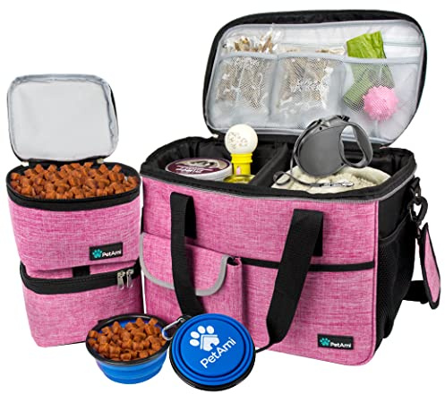 PetAmi Dog Travel Bag - Travel Pet Organizer with Food Container and Bowls, Perfect for Weekend Camping or Gifting - Pink, Medium