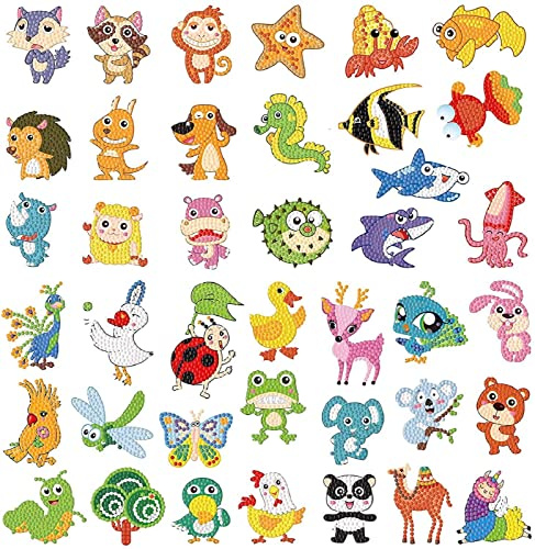 BOUTIKS 40 Stück Diamond Painting Kinder, 5d Diamant Painting Aufkleber Kits für Kinder, DIY 5D Tier & Meer Welt Diamant Kunst Mosaik Aufkleber für Kinder Erwachsene Anfänger
