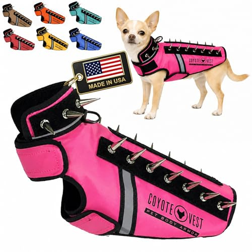 CoyoteVest SpikeVest Dog Harness Vest for Small Dogs, Reflective Dog Vest with Spikes to Shield Your pet from Coyotes, Raptor and Animal Attacks, Anti Hawk Vest, Made in USA (XXS-Pink)