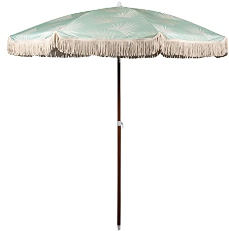 BEACH STATE Summerland 6.5ft Beach Umbrella with Fringe, UV 50+ Patio Umbrella with Titlting Pole, Holiday Tassel Umbrella with Carry Bag, (Palm Beach)