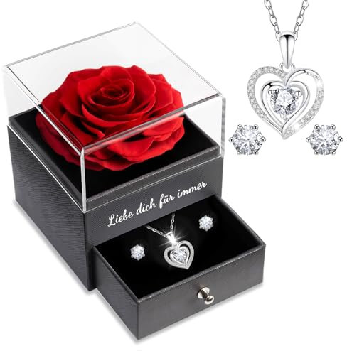 Sunia Geschenke für Frauen Weihnachten,Ewige Echte Rose mit Herz Halskette und Ohrringe aus 925 Sterlingsilber,Ewige Rose mit Kette Geschenke für Mama Oma Freundin,Rosen Kette Geburtstag Valentinstag