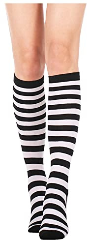 Uttpll Women Crazy Halloween Socks Athletic Running Baseball Stockings Striped Leg Warmers Colorful Novelty Knee High Long Socks 1 White+Black One Size