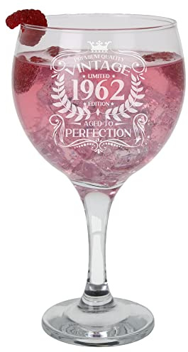 Regalo de 60 cumpleaños vintage 1962 envejecido a la perfección grabado gran ginebra de vidrio para 60 años grabado 645 ml copa de ginebra