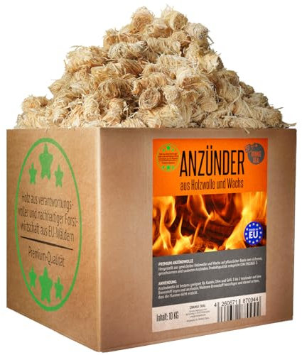 10KG Öko-Grillanzünder, in natürlichem Wachs getränkte Kaminanzünder - Grill Anzünder Holzwolle - Anzündwolle, Ofenanzünder, Feueranzünder, Grillanzünder Kamin, Anzündwürfel, Holzanzünder