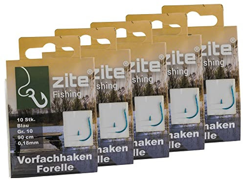 Zite Fishing Vorfach-Haken Forelle Gebunden 50 Stück – Größe 10 Angelhaken mit Vorfach-Schnur – Forellenhaken Blau mit Angelschnur