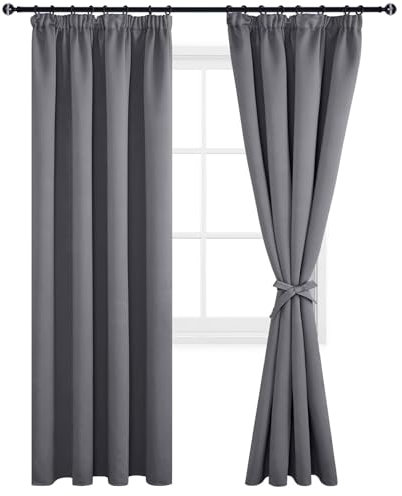 DWCN Gardinen Blickdicht Vorhänge mit Kräuselband 2er Set H228 x B117 cm, Verdunklungsvorhänge mit Vorhang-Krawatten, Vorhänge Wohnzimmer Schlafzimmer Thermogardine Kälteschutz Wämreisolierende, Grau