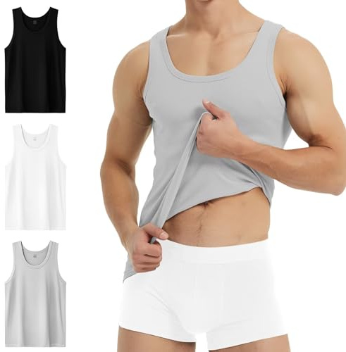 YouShow Undertröja för män, 3/5-pack, 100 % bomull, linne, finribbad, 1 x svart + 1 x vit + 1 x grå, M