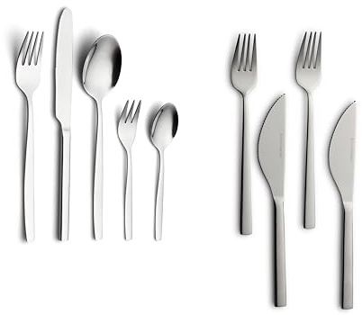 ECHTWERK Tafelbesteck Positano Silber Edition, 30-teilig, Edelstahl 18/10, hochglänzend für 6 Personen + 4-teiliges Pizzabesteck-Set/Steakbesteck aus Edelstahl, für 2 Personen, silber