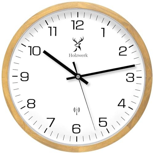 Holzwerk ARNSBURG Natur Funkwanduhr Funk Wanduhr Holz-Uhr Vintage Funkuhr lautloses Uhrwerk ohne Tickgeräusche Buche Braun Weiß lautlos aus handgefertigtem Massivholz Natur Holz 30 cm