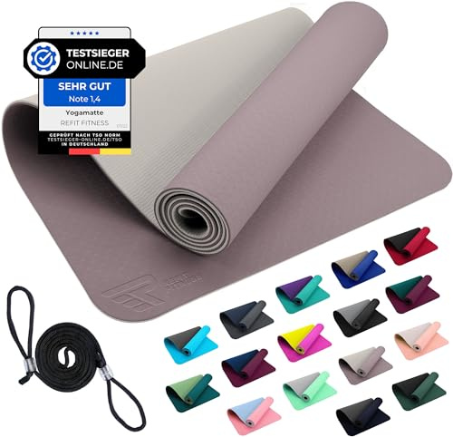 REFIT TPE Sportmatte Fitnessmatte 190 x 60 x 0,6 cm rutschfeste Gym Matte Mat für Yoga Fitness Pilates Gymnastik Sport Yogamatte Gymnastikmatte Turnmatte Bodenmatte Altrosa Marmor