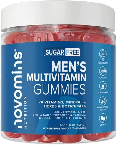Novomins Multivitaminici per Uomo – 24 Vitamine e Minerali Essenziali – Gommose Vegane al Gusto Ananas – Energia, Vitalità, Benessere – 60 Caramelle – Alternativa a Compresse e Capsule