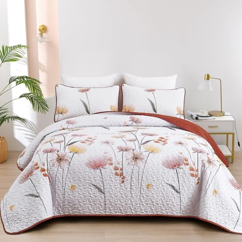 Dinjoy King Size Quilt Set Floral,3 Pieces Burnt Orange & Yellow Quilts Farmhouse Quilt Bedding Sets Lightweight Bedspreads Coverlet Set Summer Quilts for King Bed (110x90)