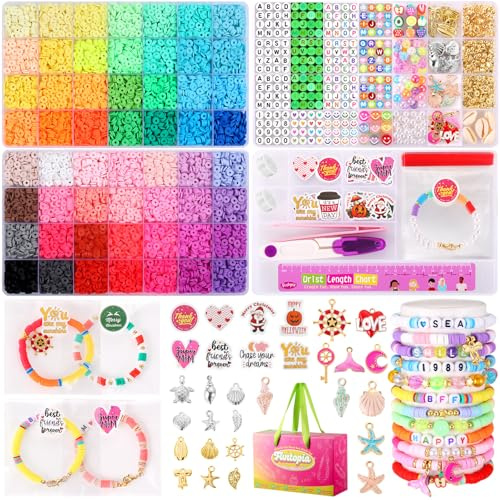 Funtopia Perlen für Armbänder, 10080 Stück 56 Farben Heishi Perlen Set Armbänder Selber Machen, Clay Perlenset mit Buchstabenperlen DIY Bastelset für Kinder