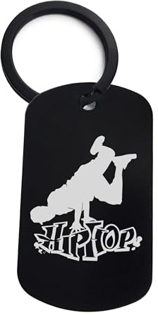 Lauthings Porte-clés Hip Hop Music Breakdance, porte-clés, en acier inoxydable, plaque d'identité pour chien, Noir , taille unique