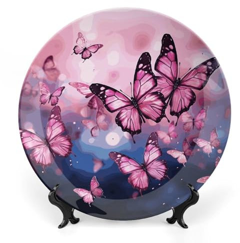 BTCOWZRV Rosa Schmetterlinge Keramik Dekoteller Knochenporzellan Dekoteller mit Präsentationsständer Speiseteller Kunst Handwerk Keramik Ornamente für Wandbehang Dekoration