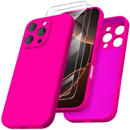 ORNARTO Cover per iPhone 16 Pro Silicone 6.3 Pollici, con 2 Pellicola Vetro Temperato, Morbido Silicone Liquido Protezione, Antiurto Ultra-Sottile Protezione Custodia iPhone 16 Pro-Rosa Caldo