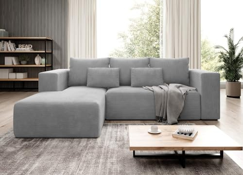 Easy4You Ecksofa Grau Stripes L-Form in Kord – 255 cm - Schlafsofa mit Bettzeugbehälter und Schlaffunktion - Eckcouch mit Stauraum - Links – Stoff Kord POSO 55