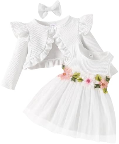 Yoolhamy Flickor klänning och koftor set långärmad bomull prinsessan Tutu klänningar med kappa Outfit för flickor, Vit lång, 18-24 mesi