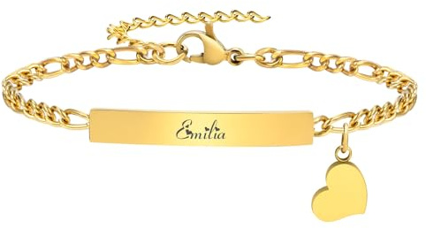 Gamtic Personalisiertes Armband Damen mit Gravur - Armband mit Namen | Edelstahl Figaro Kettenarmband Herz Charm Verstellbar Armkette Valentinstag Geburtstag Weihnachten Geschenk für Damen Mädchen