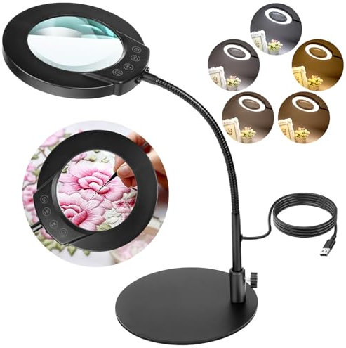 Ainiv 10X Magnifying Glass with Light, Hands Free Magnifying Lamp, 5 Color Modes Stepless Dimmable LED Lighted Desk Lamp for Diamond Art Accessories Hobbies Crafts Reading Repairing Sewing Close Work