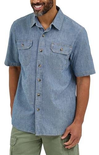 Wrangler Authentics Men's Short Sleeve Classic Woven Shirt, Mid Wash Chambray, Large