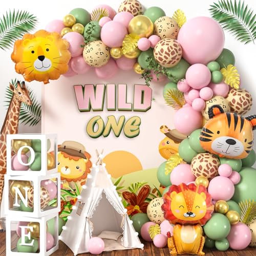 vamei Globos Animales de la Selva Safari Decoracion Cumpleaños 1 Año con Jungla Arco Globos de Cumpleaños Caja de Globos para Fiesta de Primer Animale Baby Shower Niñas Niños (Rosa)