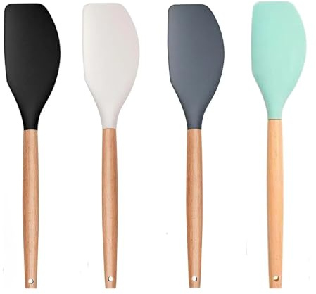 LorisArm Large Wooden Handle Spatula Set, 12 Rubber Spatula 4-Pack Nonstick Silicone Spatulas for Baking Cooking and Mixing, Jar Scraper (Grey, Green, White, Black).