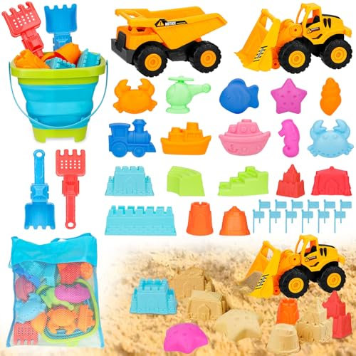 TOSUTO Sandspielzeug Set, 36 PCS Sandkasten Spielzeug Kinder mit Faltbarer Eimer,Sandförmchen,Sandschaufel,Kinder Bagger,Sandspielzeug Strandspielzeug,Gartenspielzeug ab 2 3 4 5 Jahre Mädchen Junge