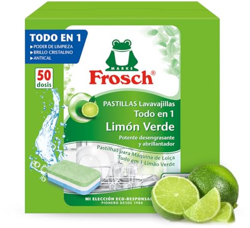 Frosch Pastillas Lavavajillas Todo en 1 Limón | Detergente + Abrillantador + Sal | Sin Fosfatos | Eficaz 45°C | Brillo Extra | Protección Cristal - 50 Dosis