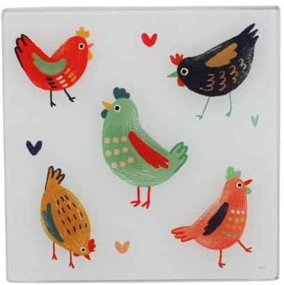 Efya Dessous de Plat en Verre, Motif Poules Colorées, 20 x 20 cm, Collection Blédine