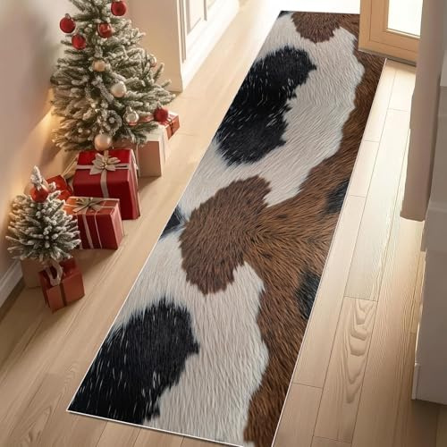 Meugesoi Peau de Vache Tapis Couloir Long 80x200cm Animaux Imprimé Tapis de Couloir Poil Ras Lavable en Machine Carpet pour Cuisine, Salon, Passage, Entree, Chambre à Coucher