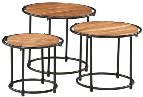 Teenpull Satztische 3 STK. Massivholz Akazie, Couchtisch Set für Wohnzimmer, Beistelltisch Rund mit Eisenbeinen, Stapelbar, Platzsparend, Nachttisch Schlafzimmer, Robuste Möbel