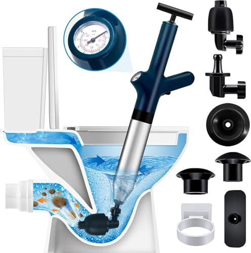 O OLAX Stura WC a Pressione con Barometro – Pompa Stura Scarichi ad Aria Compressa 5 in 1 per Disintasare WC, Lavandino, Vasca, Scarico – Sturalavandini Alta Pressione Riutilizzabile