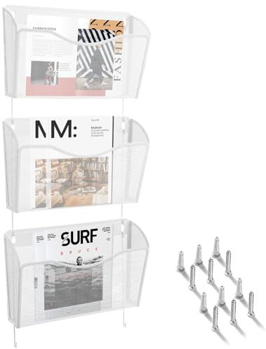 AGPTEK 3er Pack Wand Zeitungshalter, Einzelfach Wandmontierter Metallgitter | Organizer Zeitungsständer Wand Magazinhalter Prospekthalter Zeitschriftenhalter für Büro & Zuhause – Weiß