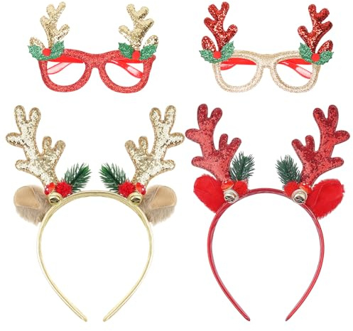 2 Stücke Rentier Geweih Haarreif Weihnachten, Glitzer Rentier Geweih Stirnband, Weihnachtsbaum Weihnachten Haarreif, mit Weihnachtsbrille, für Weihnachts Party Neujahr Karneval Haarschmuck Kopfschmuck
