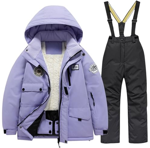 Gefüttert Schneeanzug Mädchen Junge Zweiteilig Skianzug Fleeceanzug Verdickte Schneeoverall Winddicht Winteroverall Thermo Daunenjacke Skihose Set Kapuze Reißverschluss
