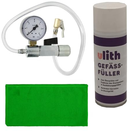 HEIMWERK global -Set Gefäßfüller 400ml mit Adapter für Ausdehnungsgefäße mit Absperrung und Manometer 0-6 bar inkl. HEIMWERK global Microfasertücher Reinigungstuch 40×40 cm