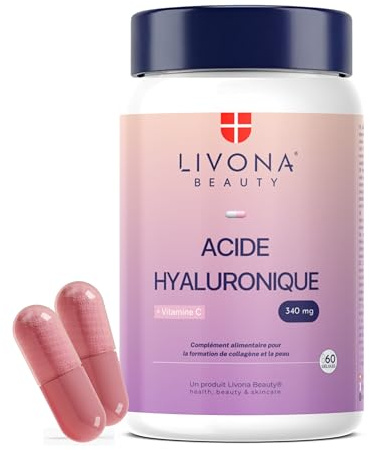 LIVONA BEAUTY Acide Hyaluronique 340 mg + Vitamine C 200 mg - 60 Gélules Végétales VEGAN - Hydratation Peau & Formation Collagène - Fabriqué en UE