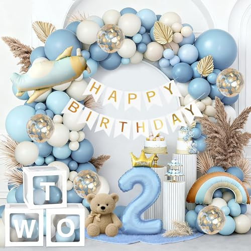 Geburtstagsdeko 2 Jahr Junge Blau, Two years old Geburtstag Deko mit Ballonbox Folienballons Happy Birthday Girlande, Luftballon Girlande, 2 Jahr Jungegeburtstag Deko für Kinder Geburtstag Party Deko