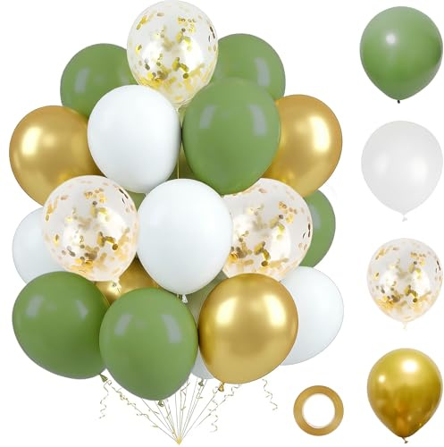 Set di 60 palloncini in lattice verde eucalipto, 12 pollici, colore verde eucalipto, bianco, oro metallizzato e glitter trasparente, con nastro regalo per compleanno, matrimonio, festa, baby shower