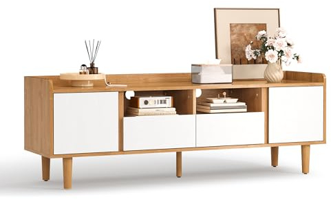 LINSY HOME TV Schrank, Colorblocking TV Lowboard, Holzmaserung Fernsehtisch, für Fernseher bis zu 65 Zoll, Fernsehschrank für Wohnzimmer, Esszimmer, Schlafzimmer, 150 x 40 x 53 cm