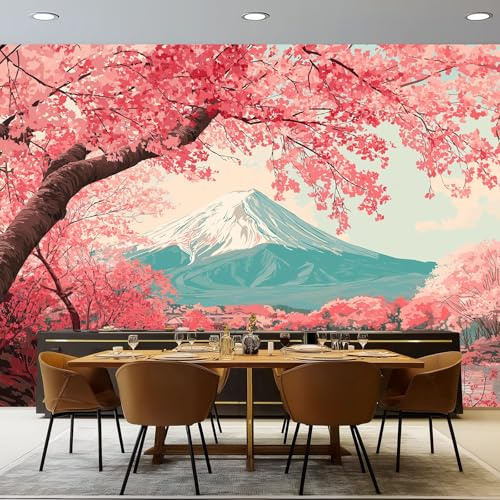 Carta da Parati Fiori Di Ciliegio Montagne Motivo - 200 x 140 cm Art Carta Da Parati Fotografica per Soggiorno Camera Ristorante Camera, Fumetto tema 3D Murale Decorazione da Parete
