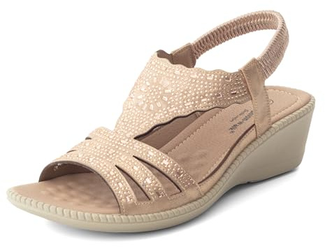 Cushion Walk Women's Extra Wide EEE Fit Diamanté Sandals, Sparkle Rhinestone Low Wedge Slingbacks with Cushioned Insole, Elasticated Strap Glamorous Evening Summer Shoes (Size 8 UK, Rose Gold)
