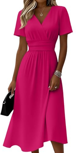 Summer Dresses for Women UK V Neck Flowy Short Sleeve Wrap Dress Midi Boho Casual Dresses Solid Color Vacation Sunshine Dress