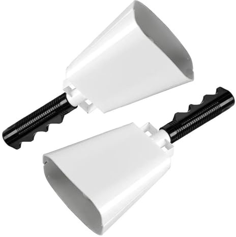 Asixxsix Campana de Vaca, Paquete de 2 Ruidosos, Campanillas de Mano con Ergonómico para Eventos Deportivos, Fiestas, Trabajo en Rancho, Instrumentos de Percusión (Blanca 1 par)