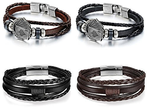 Aroncent Herren Armband Spielkarten Lederarmband: 4 PCS Männer Magnetisch Wickelarmband Manschetten Armband für Damen und Herren