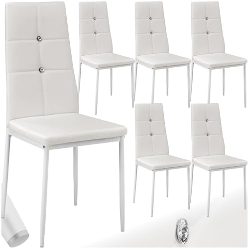 tectake® Silla de Comedor, Asiento y Respaldo Acolchado, Piel Sintética, Piedras Brillantes, Sillas Modernas, Sillas Cocina, Alta Capacidad de Carga, Montaje Rápido - 6 Sillas Blanco