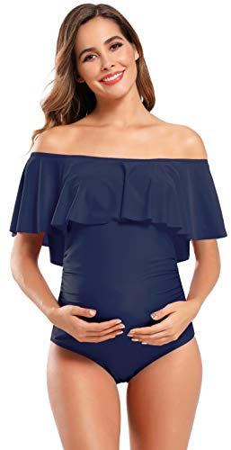 SHEKINI Maillot de Bain Femme Maternité Une pièce à Volants et Épaules Dénudées Bikinis 1 pièce Grossesse Enceintes Élégant Chic pour Femmes de Plage （L, Bleu foncé）